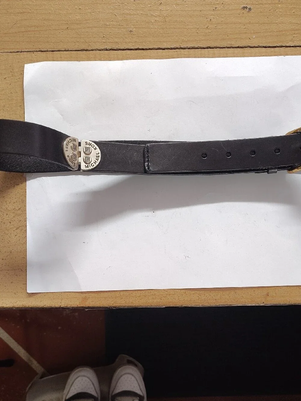 Michael Kors Black Leather Belt with Gold-Tone Buckle and Logo Studs